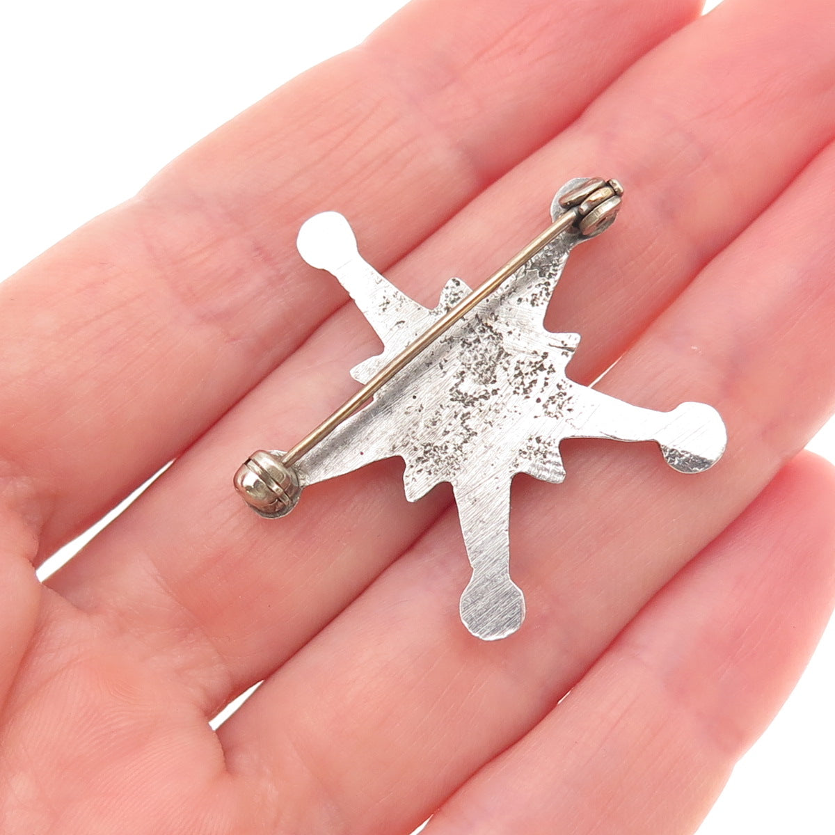Old Pawn Sterling Silver Vintage Southwestern Star Oxidized Tribal Pin Brooch