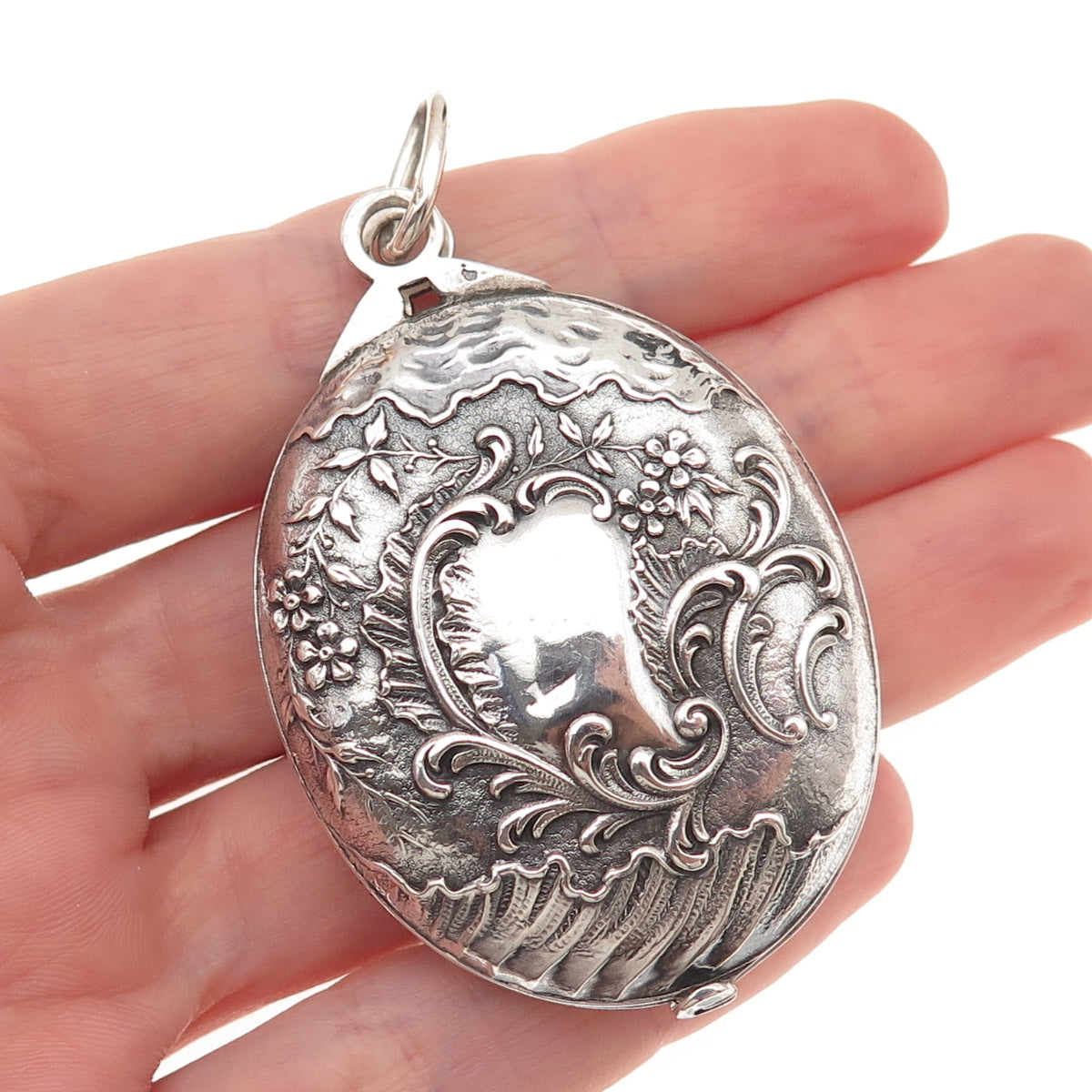 800 Silver Antique Victorian France Floral Repousse Oxidized Locket Box Pendant