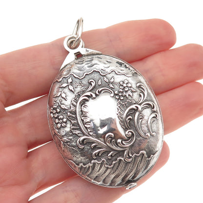 800 Silver Antique Victorian France Floral Repousse Oxidized Locket Box Pendant