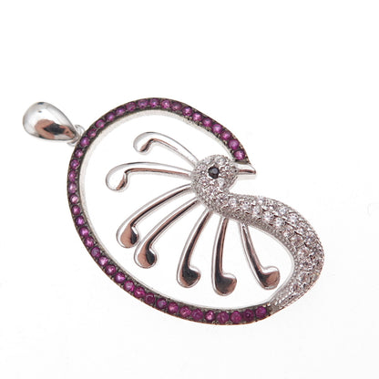 925 Sterling Silver Lab-Created Ruby Black & White C Z Peacock Charm Pendant