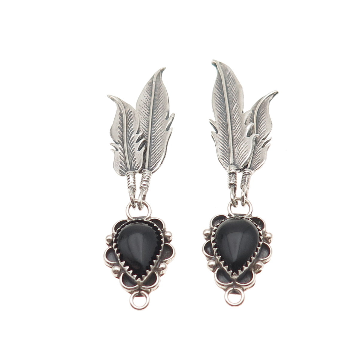 Old Pawn Sterling Silver Vintage Southwestern Black Onyx Feather Jacket Earrings