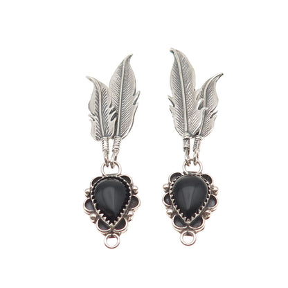 Old Pawn Sterling Silver Vintage Southwestern Black Onyx Feather Jacket Earrings