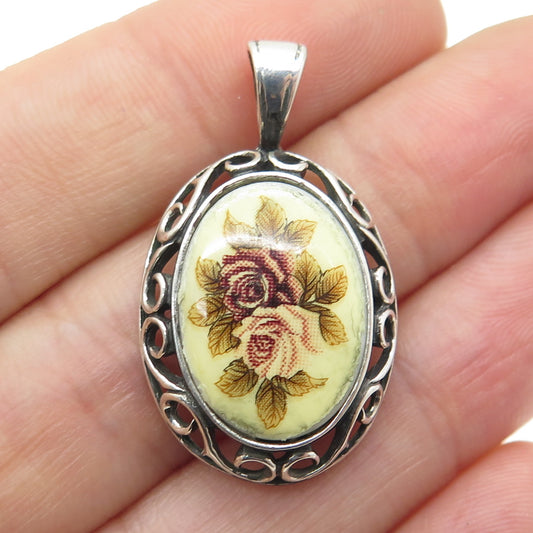 JEZLAINE 925 Sterling Silver Vintage Floral Ceramic Oxidized Swirl Pendant