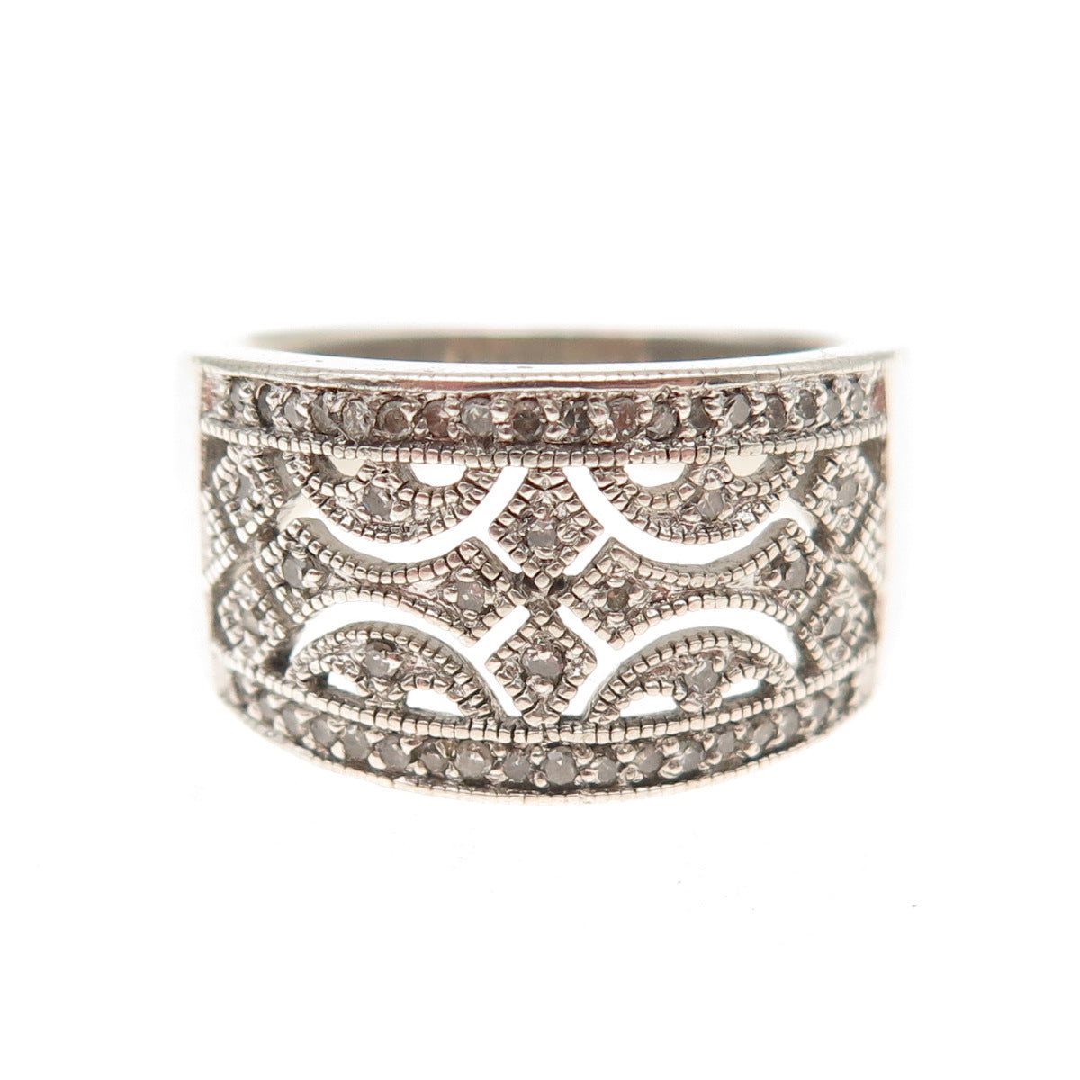 925 Sterling Silver Real Round-Cut Diamond Ornate Ring Size 8