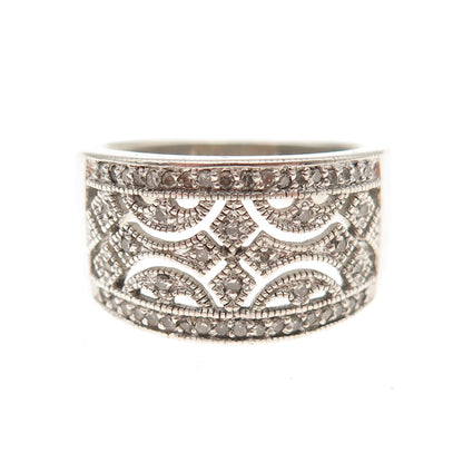 925 Sterling Silver Real Round-Cut Diamond Ornate Ring Size 8