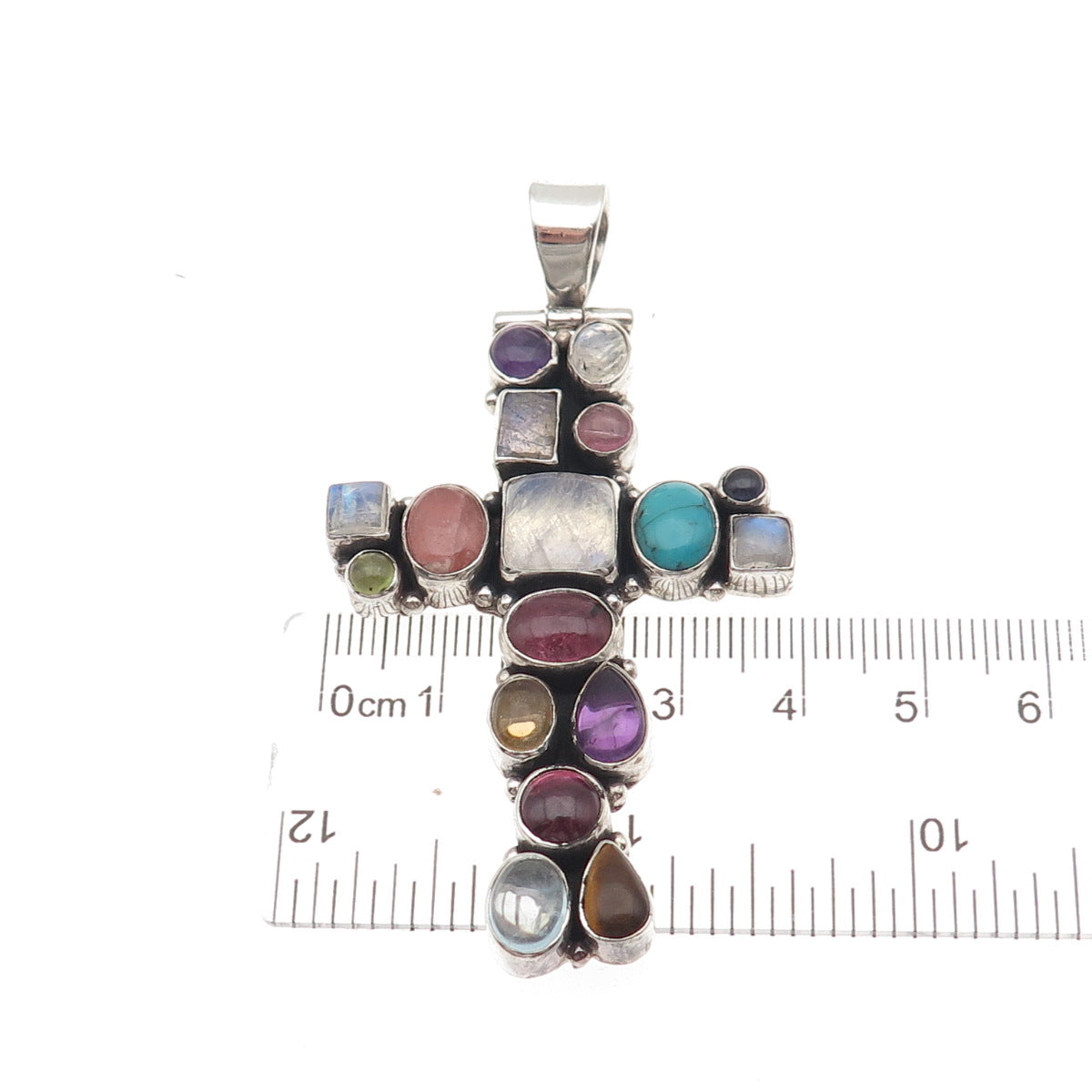 Sajen Sterling Silver Vintage Real Tourmaline Moonstone Turquoise Cross Pendant