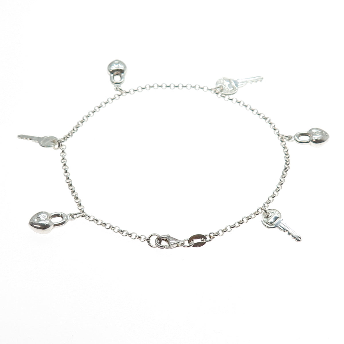 925 Sterling Silver Vintage Key & Heart Charm Rolo Link Anklet / Bracelet 9"