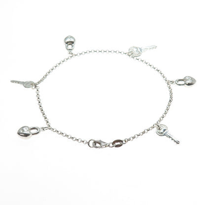 925 Sterling Silver Vintage Key & Heart Charm Rolo Link Anklet / Bracelet 9"
