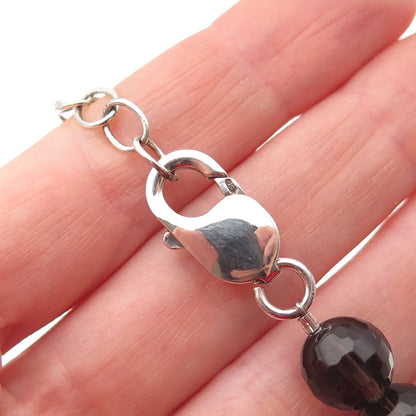 925 Sterling Silver Vintage Real Smoky Quartz Ball Beaded Necklace 16-18"