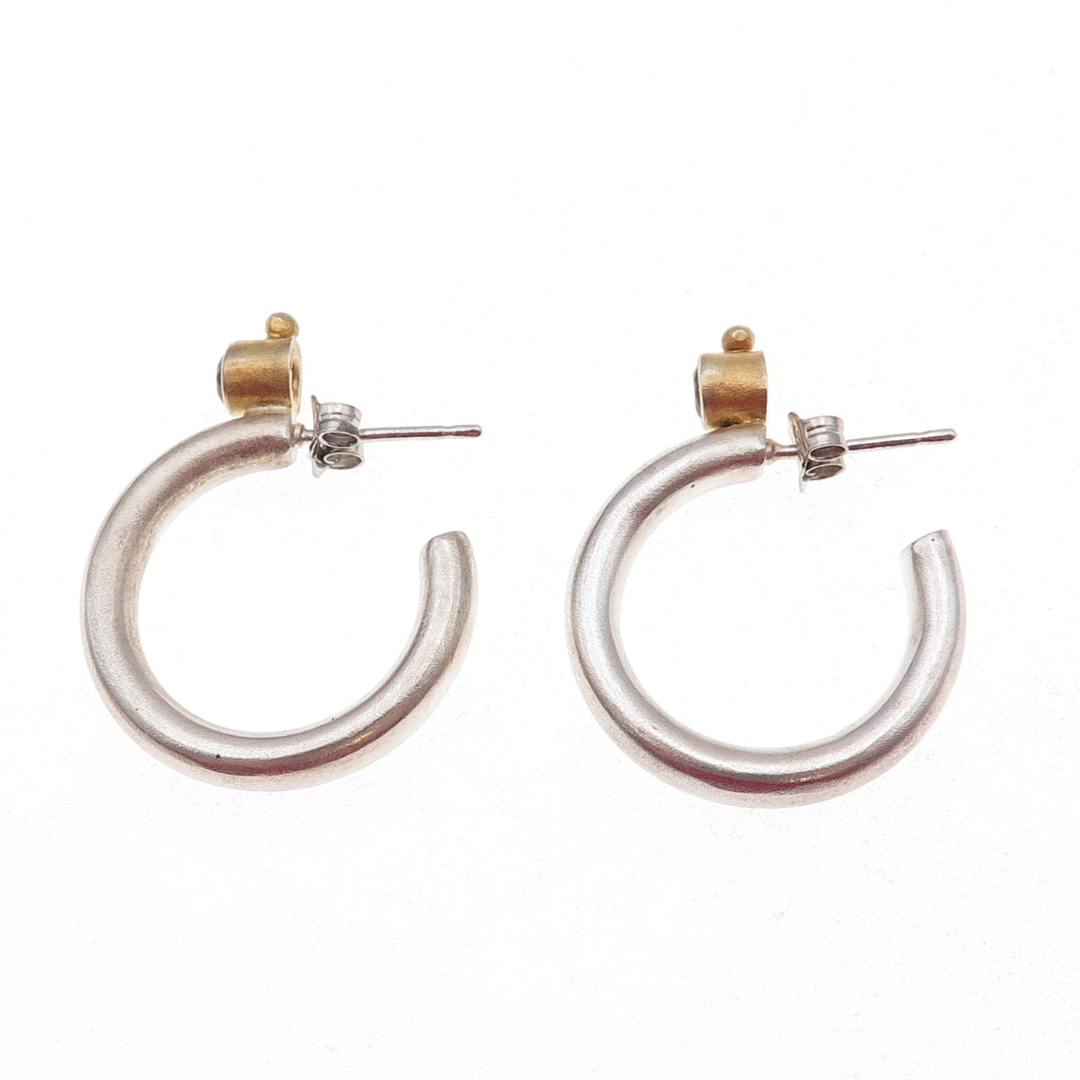 925 Sterling Silver 2-Tone Vintage Real Red Garnet Modernist Hoop Earrings
