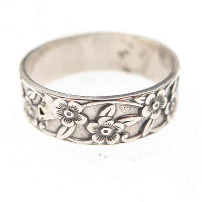 925 Sterling Silver Antique Art Deco Cherry Blossom Oxidized Ring Size 9