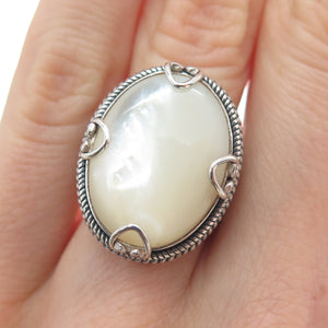 925 Sterling Silver Vintage Real Mother-of-Pearl Hearts Roped Ring Size 5.25