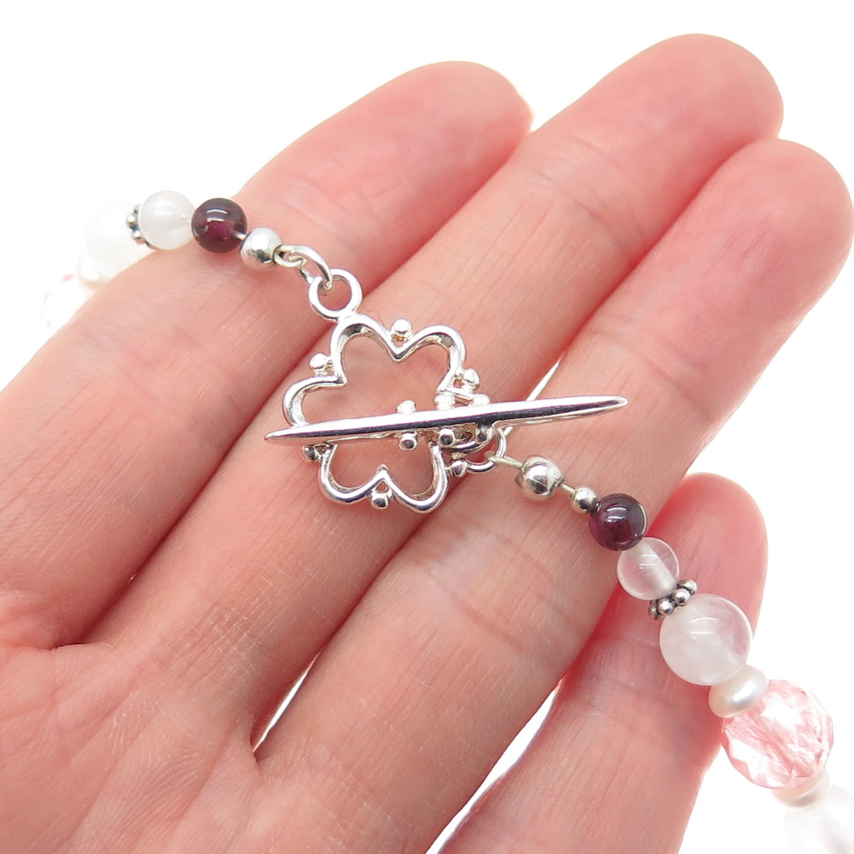 925 Sterling Vintage Rose & Cherry Quartz Tourmaline Beaded Chain Necklace 22"