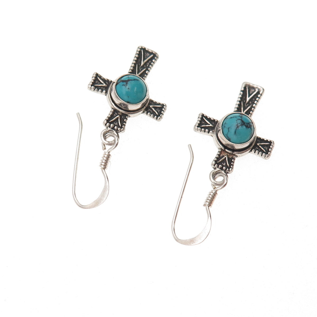 925 Sterling Silver Vintage Real Turquoise Cross Oxidized Dangle Earrings