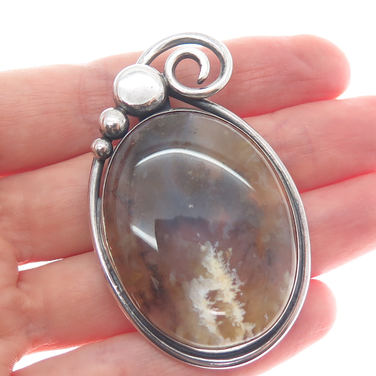 925 Sterling Silver Vintage Real Agate Gemstone Landscape Slide Pendant