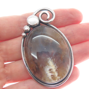 925 Sterling Silver Vintage Real Agate Gemstone Landscape Slide Pendant