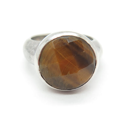 925 Sterling Silver Vintage Real Tiger Eye Modernist Ring Size 7.25