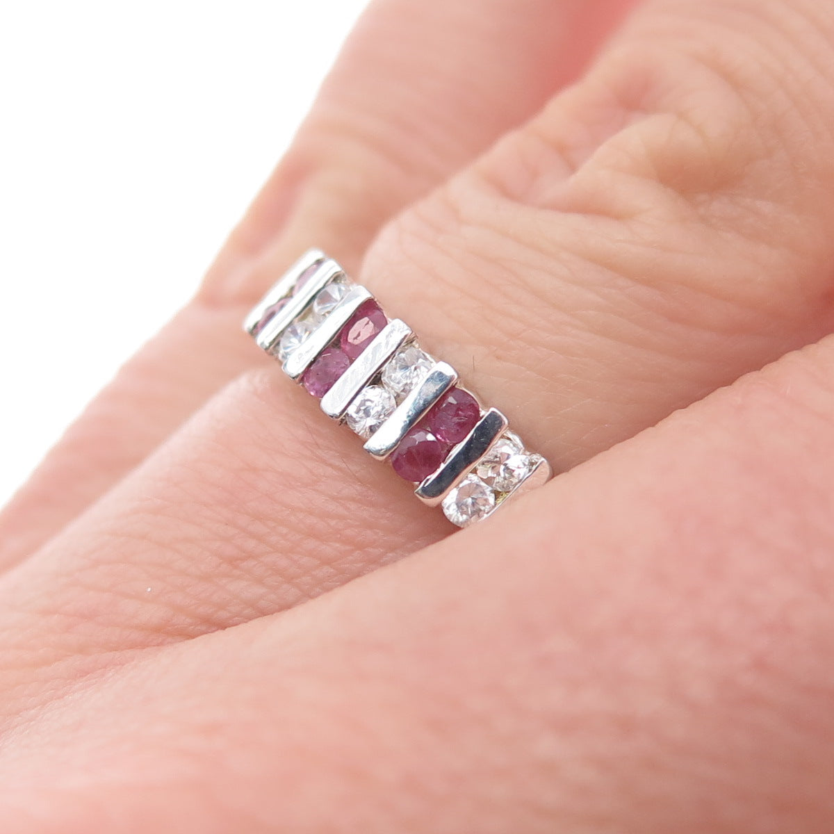 925 Sterling Silver Vintage Real Round-Cut Ruby & C Z Ring Size 5.75