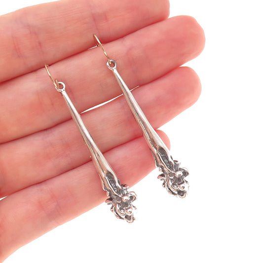 925 Sterling 14K Gold Posts Vintage Modernist Floral Oxidized Dangle Earrings