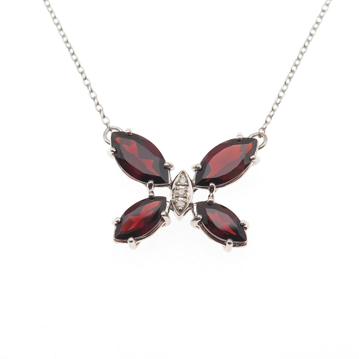 925 Sterling Silver Real Diamond & Red Garnet Butterfly Cable Chain Necklace 18"