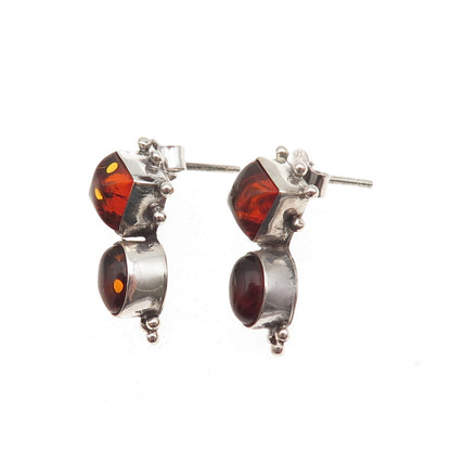 925 Sterling Silver Vintage Real Amber Oxidized Earrings
