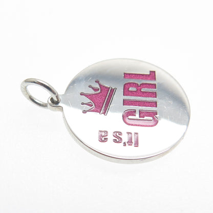 925 Sterling Silver Pink Enamel "It's A Girl" Round Tag Minimalist Charm Pendant