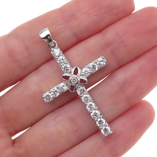 925 Sterling Silver Round-Cut C Z Cross Charm Pendant