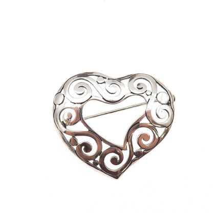 925 Sterling Silver Vintage Spiral Heart Oxidized Pin Brooch