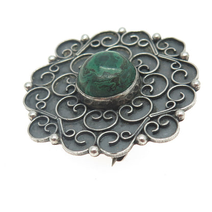 925 Sterling Silver Vintage Real Malachite Floral Ornate Pin Brooch