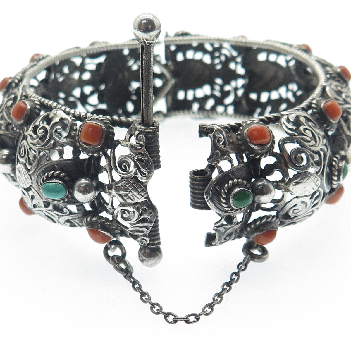 925 Sterling Silver Antique Real Turquoise Coral Floral Oxidized Bracelet 7.75"