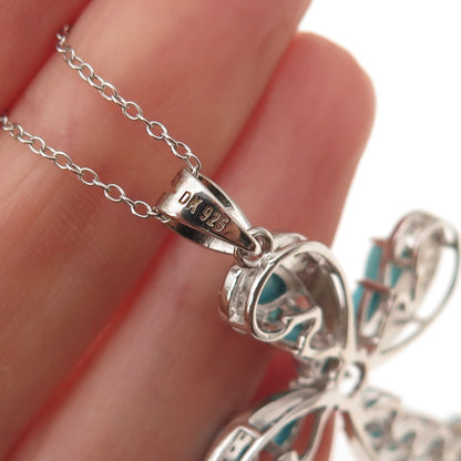 925 Sterling Silver Real Turquoise & White Topaz Cross Cable Chain Necklace 18"