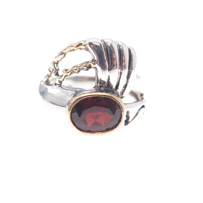 925 Sterling Silver 2-Tone Vintage Real Red Garnet Modernist Ring Size 5.75