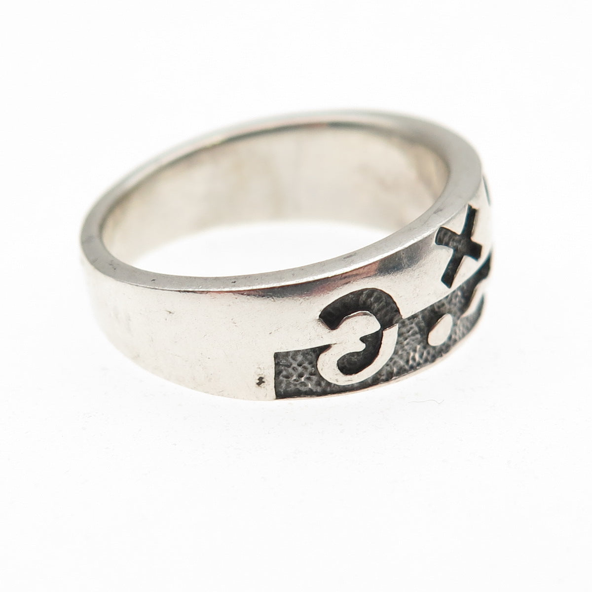 925 Sterling Silver Vintage Tribal Symbols Oxidized Ring Size 7