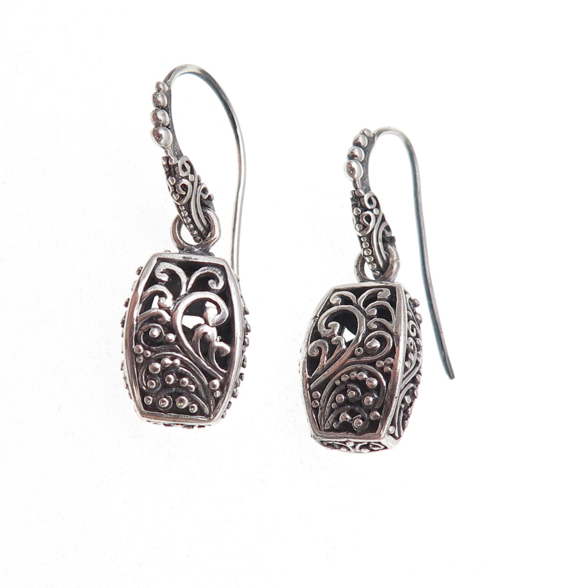 Sarda 925 Sterling Silver Vintage Floral Scroll Oxidized Dangle Earrings