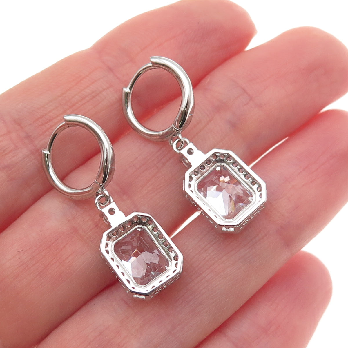 925 Sterling Silver Radiant & Round-Cut C Z Dangle Charm Hoop Earrings