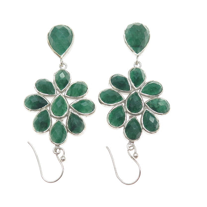925 Sterling Silver Real Pear-Cut Emerald Flower Dangle Earrings