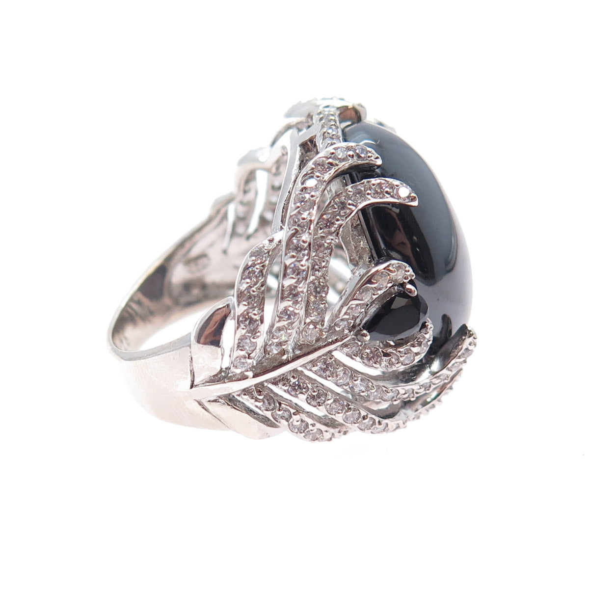 925 Sterling Silver Real Hematite & C Z Floral Ring Size 7.25