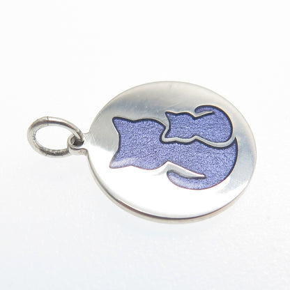 925 Sterling Silver Purple Enamel Cat Couple Round Tag Minimalist Charm Pendant