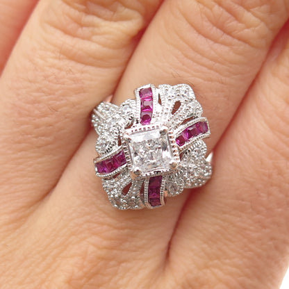 925 Sterling Silver Lab-Created Ruby & C Z Bohemian Ring Size 6.25