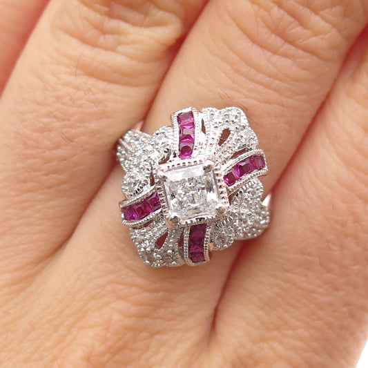 925 Sterling Silver Lab-Created Ruby & C Z Bohemian Ring Size 6.25