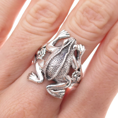 925 Sterling Silver Vintage Frog Good Luck Oxidized Ring Size 9.75