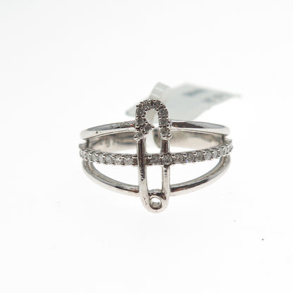 925 Sterling Silver Real Round-Cut Diamond Safety Pin 3-Row Ring Size 7