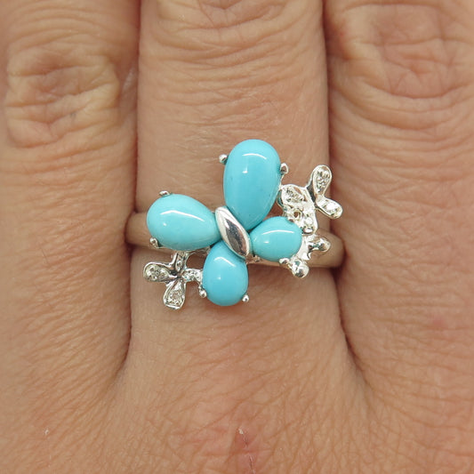 MICHELLE ALBALA 925 Sterling Silver Real Diamond Turquoise Butterfly Ring Size 9