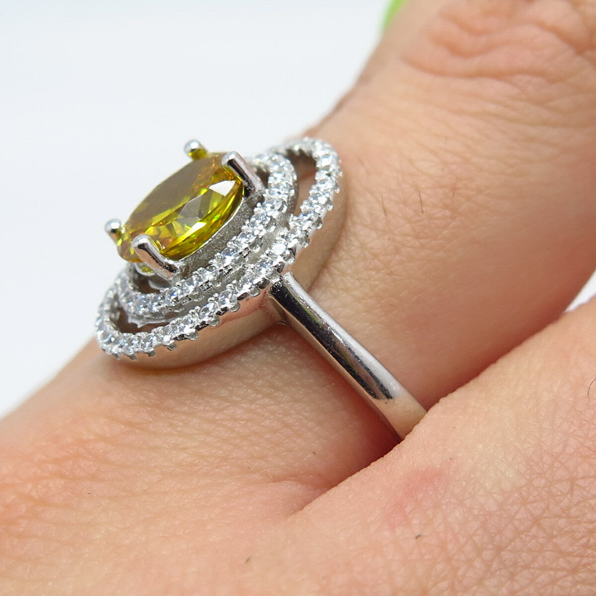 925 Sterling Silver White & Citrine-Tone C Z Ring Size 8