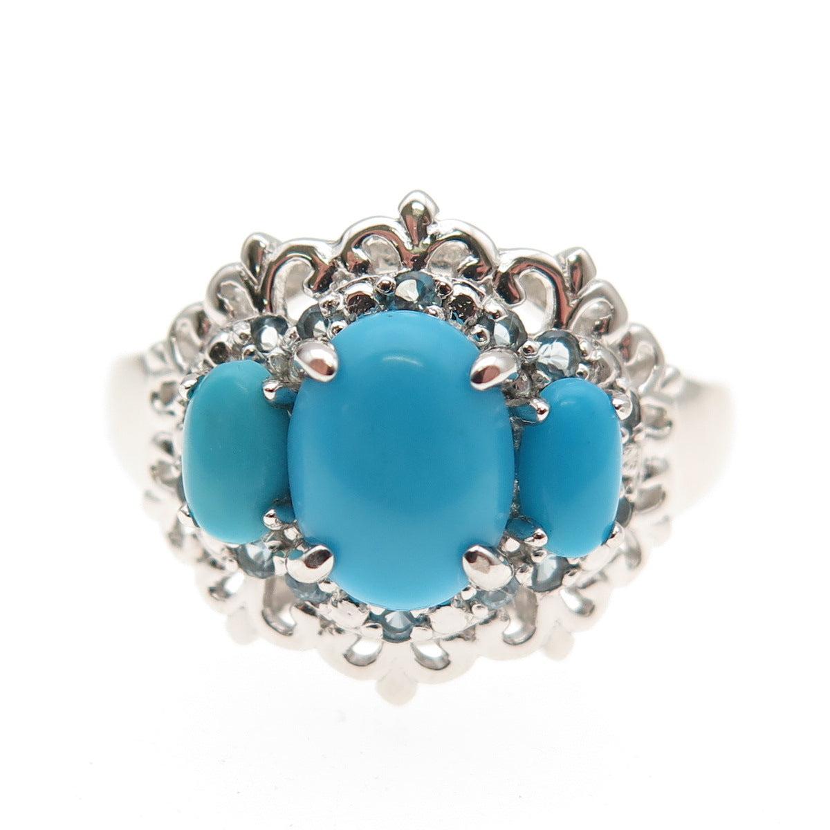 925 Sterling Silver Real Sleeping Beauty Turquoise & Blue Topaz Ring Size 8.25