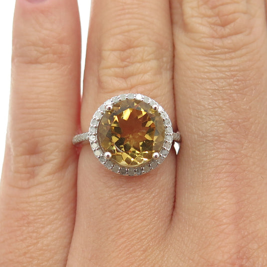 925 Sterling Silver Real Round-Cut Diamond & Citrine Engagement Ring Size 5