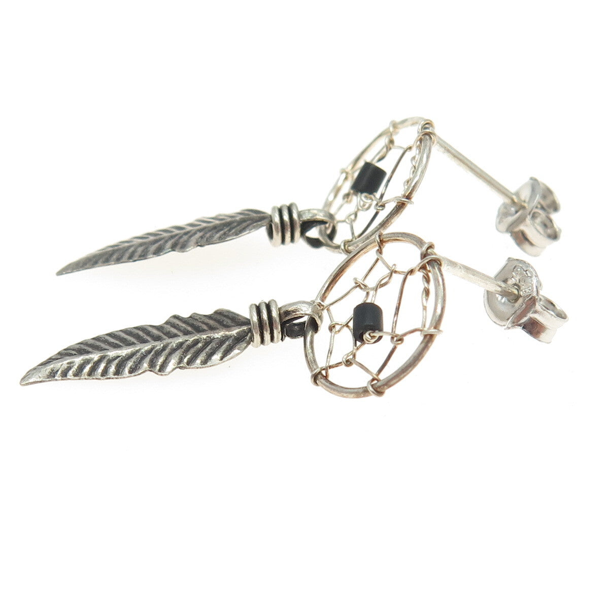 925 Sterling Silver Vintage Southwestern Real Black Onyx Dreamcatcher Earrings