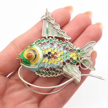 925 Sterling Silver Antique Enamel Articulated Chinese Koi Fish Pendant / Fob