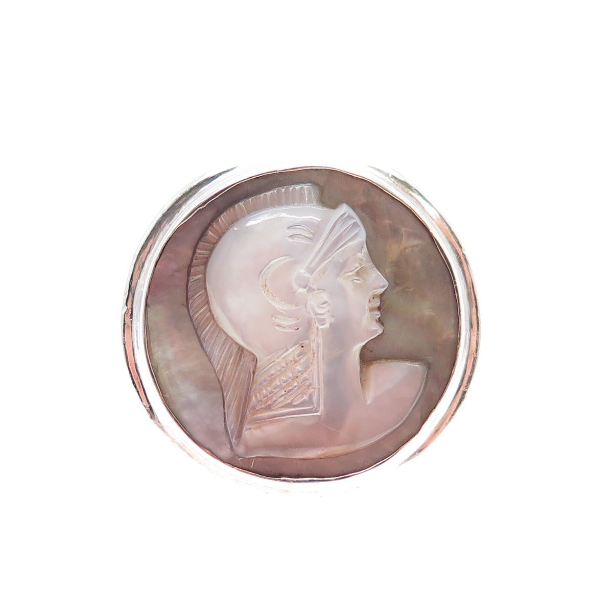 925 Sterling Silver Vintage Real MOP Carved Athena Goddess Cameo Ring Size 5