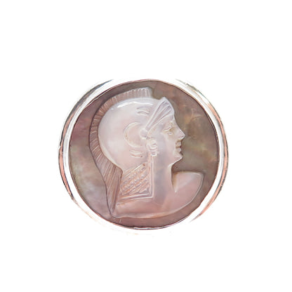 925 Sterling Silver Vintage Real MOP Carved Athena Goddess Cameo Ring Size 5